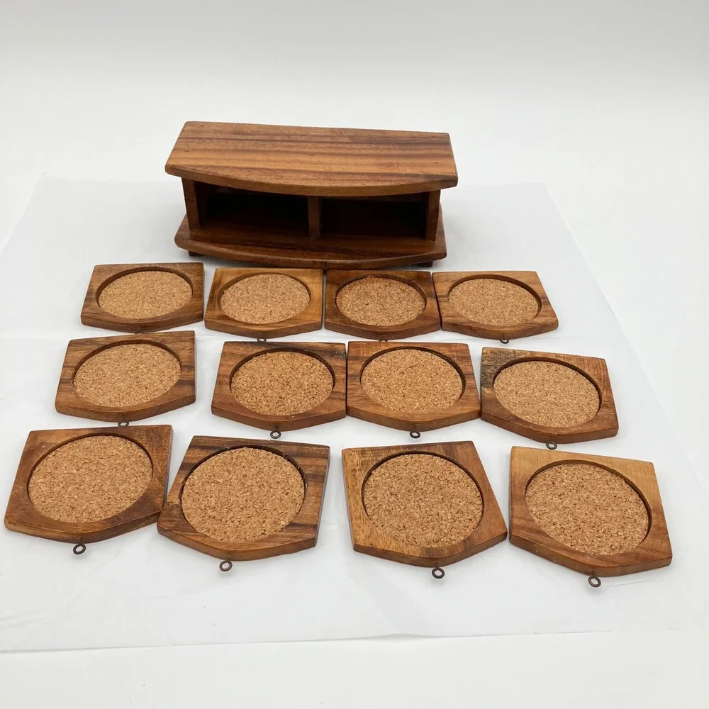 Vintage Wood Coaster Set MCM 12pc Brown Cork Lined with Holder